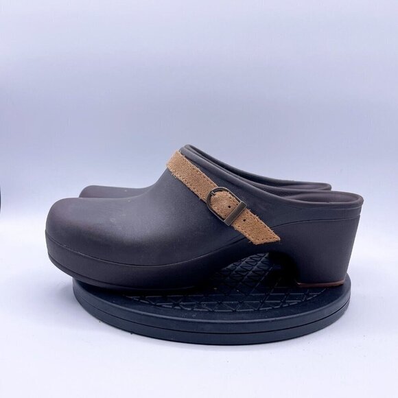 Crocs Brown Sarah Clog Womens 9 Heel Dual Comfort Mules Suede Leather Strap Shoe - Picture 3 of 9